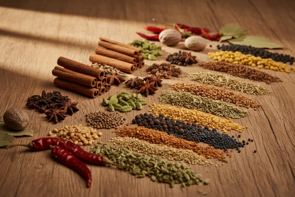 Whole Indian spices on a wooden table